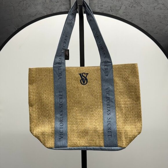 Victoria's Secret Logo Straw Denim Tote Bag - Picture 1 of 4